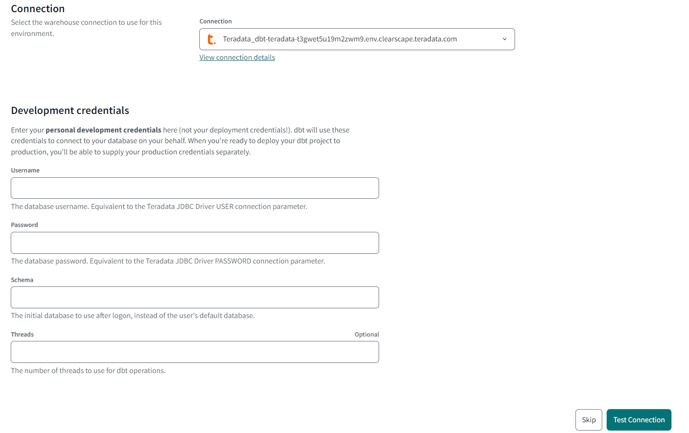 dbt Cloud - Teradata Development Credentials